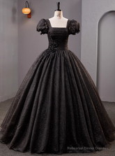 Black Tulle Puff Sleeve Appliques Pleats Quinceanera Dress